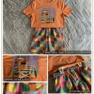 GAP Orange Graphic Tee with Multicolor Check Shorts - Kids Matching Set